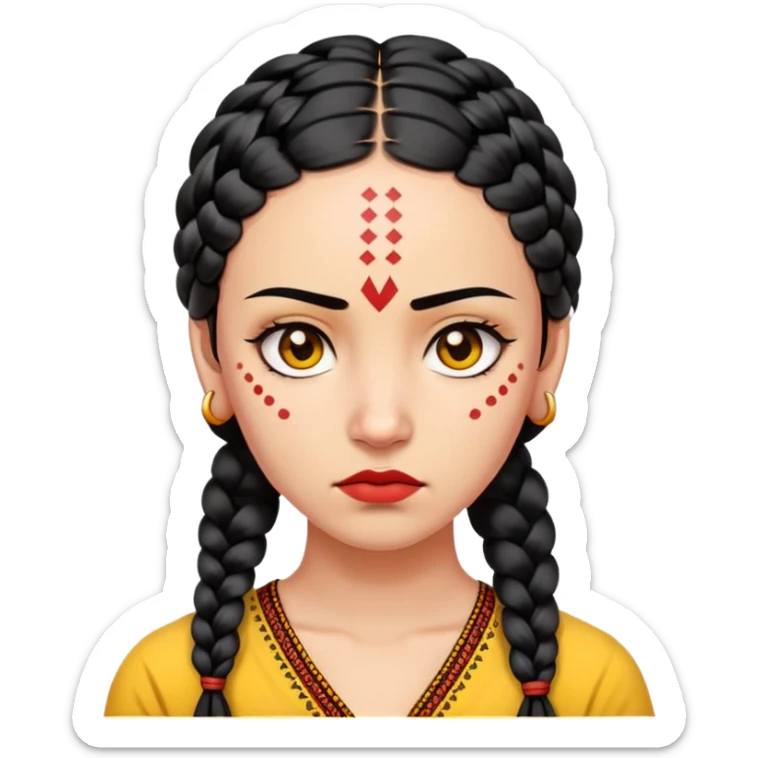 nữ 25 tuổi, da vàng, tóc đen tết buộc dài, có chấm đỏ bindi trên trán, mặt cáu  sticker