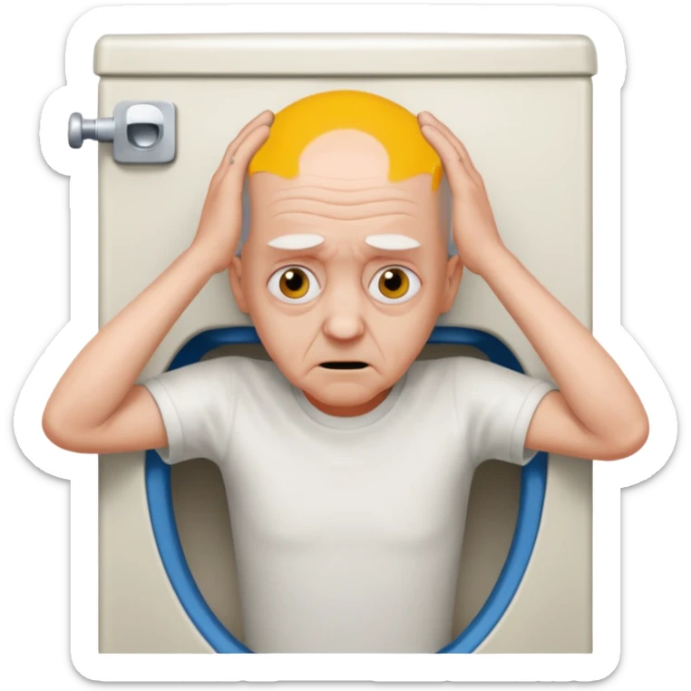 A bald person who’s very old is staring, he’s inside a toilet and his head is upright and looking at the camera with very wide eyes and his hands are putting pressure on his head, very scared expression sticker