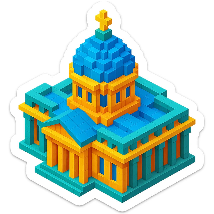 Kazan Cathedral of Saint Petersburg, classic architecture, large central dome, colonnade, isometric view sticker