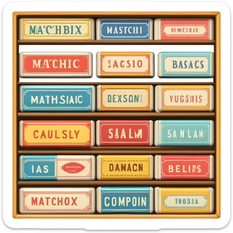 Icon for Matchbox Collecting: a collection of vintage and colorful matchboxes from different places, neatly displayed in a row or in a display case. The icon should reflect the uniqueness and diversity of matchbox collecting. Transparent background. sticker