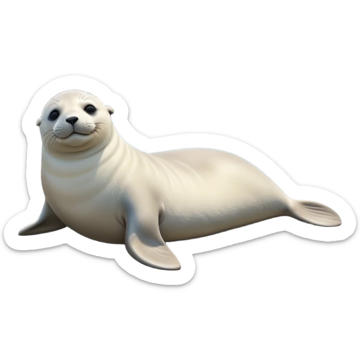 cinematic-seal-realistic-full-body-lounging-emoji,-plump-sleek-body-stretched-out-on-a-rocky-shoreline,-short-smooth-fur-glinting-in-the-sea-breeze,-flippers-tucked-comfortably-beneath-its-body,-large-dark-eyes-filled-with-playful-curiosity,-whiskered-muzzle-lifted-slightly-as-if-smiling,-simplified-yet-realistic-focused-features,-highly-detailed,-glowing-with-a-refreshing-marine-radiance sticker