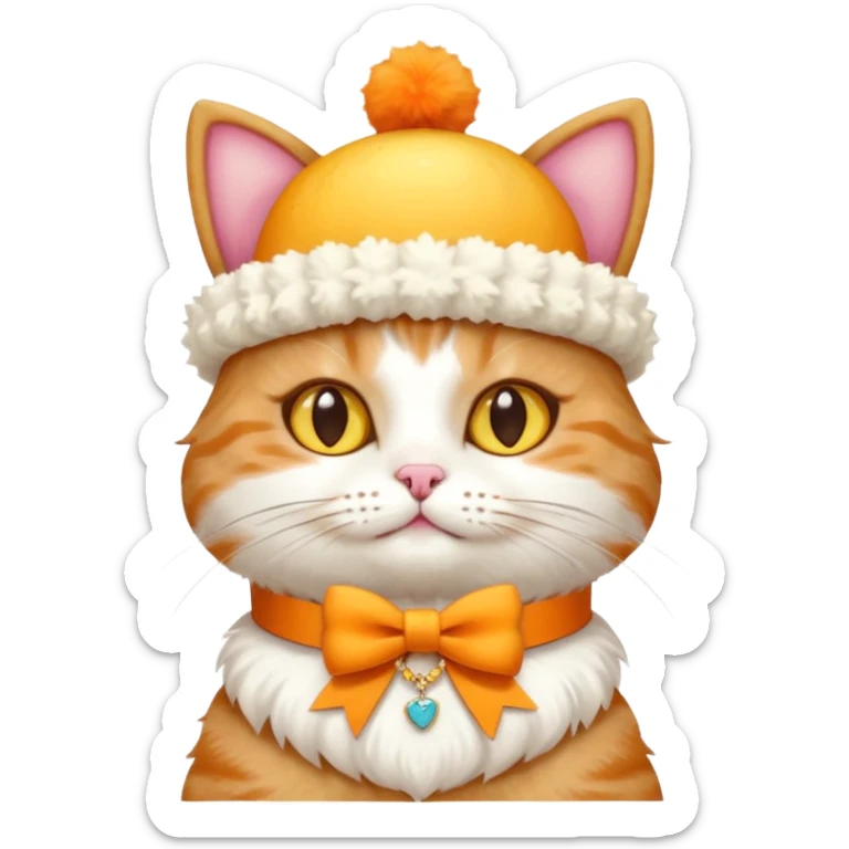 cat wearing a creamy cake hat with fun necklace around his neck and a yellow bow in the middle sticker