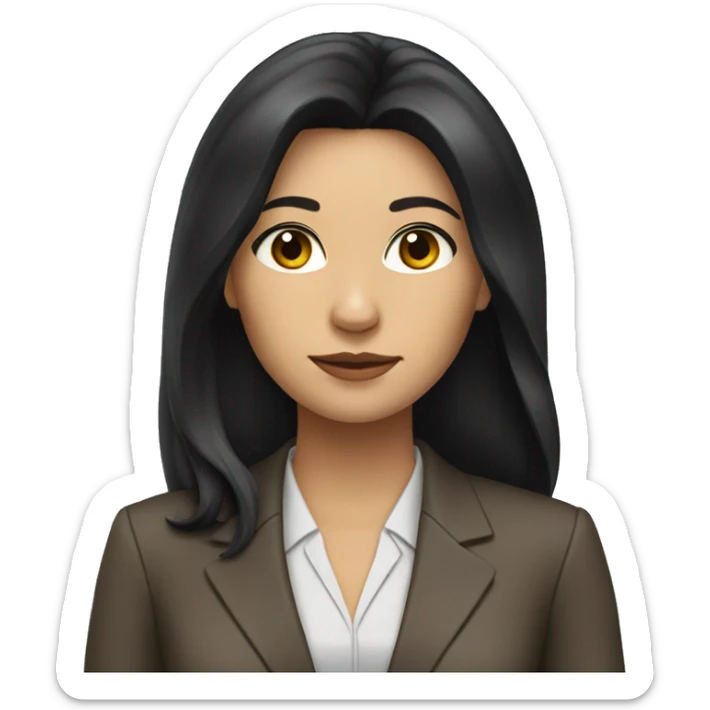 Female defense attorney with long black hair with brown suit sticker