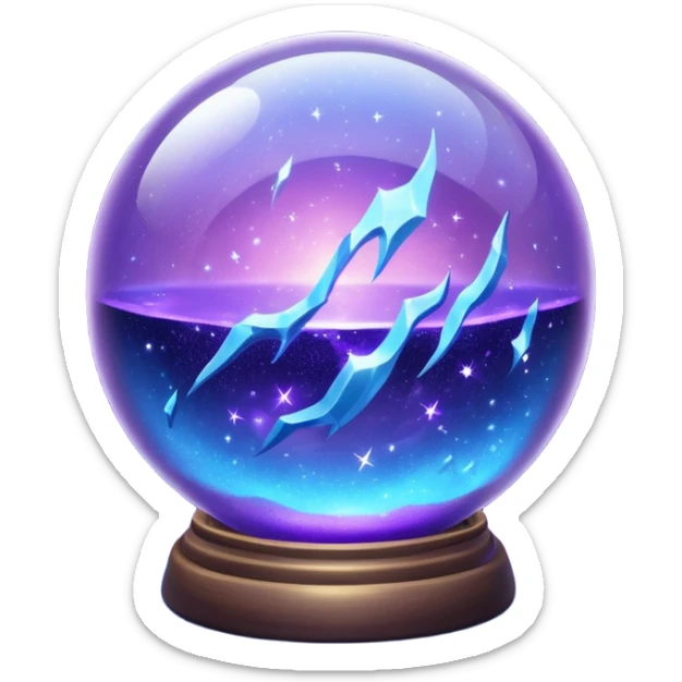 a magical glass sphere filled with flaoted purple and blue dust, glowing, shining 3d sticker