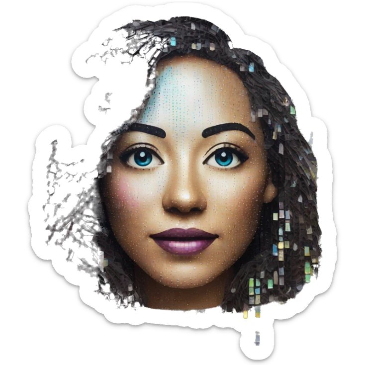 Person face portrait made entirely of holographic vinyls music discs cds and music notes sticker