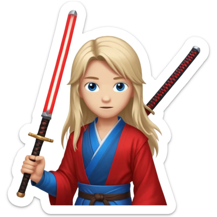A 14 year old with red glowing katana and his hair be long and eye colour of blue  sticker