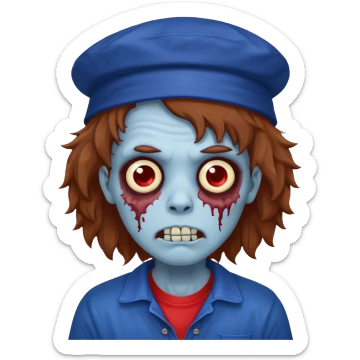 brown fluffy hair zombie with blue and white hat dark blue jilet red t shirt sticker
