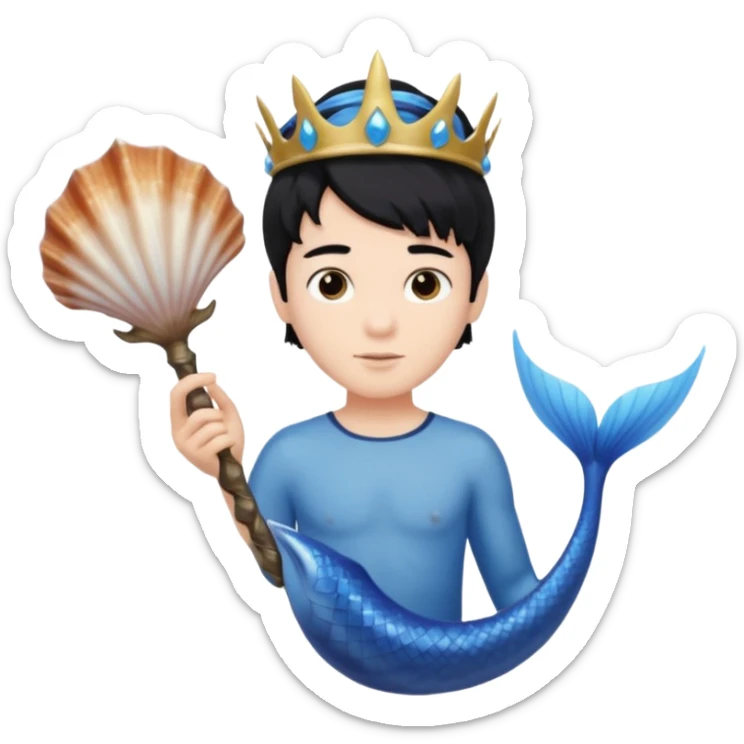boy, black hair, brown eyes, white skin, Triton, with Triton in hand and blue Triton tail  sticker