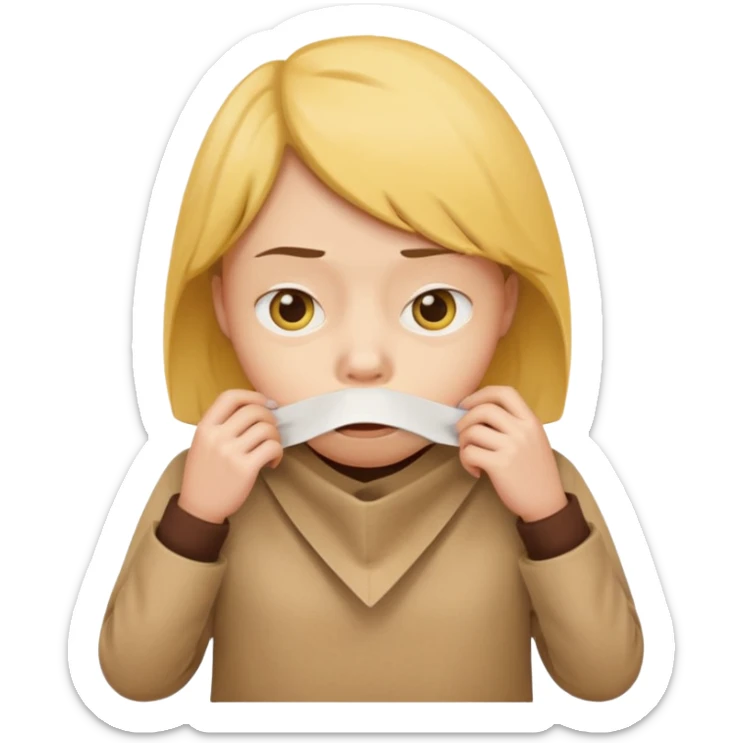 iOS emoji style, yellow face with worried eyes, puffed cheeks, holding a paper bag to mouth sticker