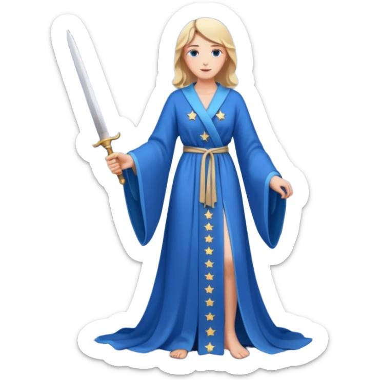 An upright Europe (a tall woman), wearing a blue, flowing robe with stars on the hem, and behind her stands Chancellor Merz, holding a knife toward her back 
you forgot chanccellor merz behind her sticker