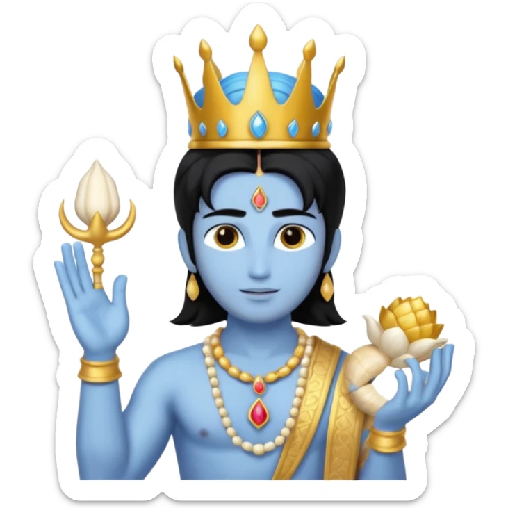 lord vishnu, shoulder length black hair, wearing crown, holding conch and chakra, blue color skin sticker
