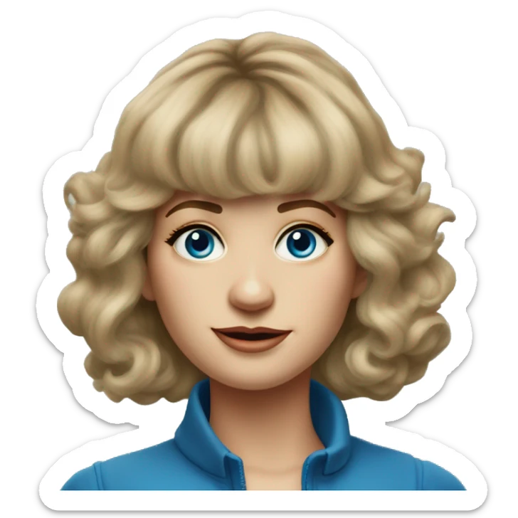 Medium length Dirty blonde poofy hair with bangs all across forehead and sides swept away from face woman of 60 with blue eyes  sticker