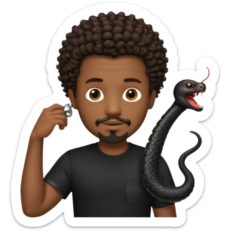 Homme noir, yeux marron avec un bouc que le menton, cheveux court et bouclé crépus avec dégradé sur le côté, avec un cobra à côté , t-shirt noir  sticker