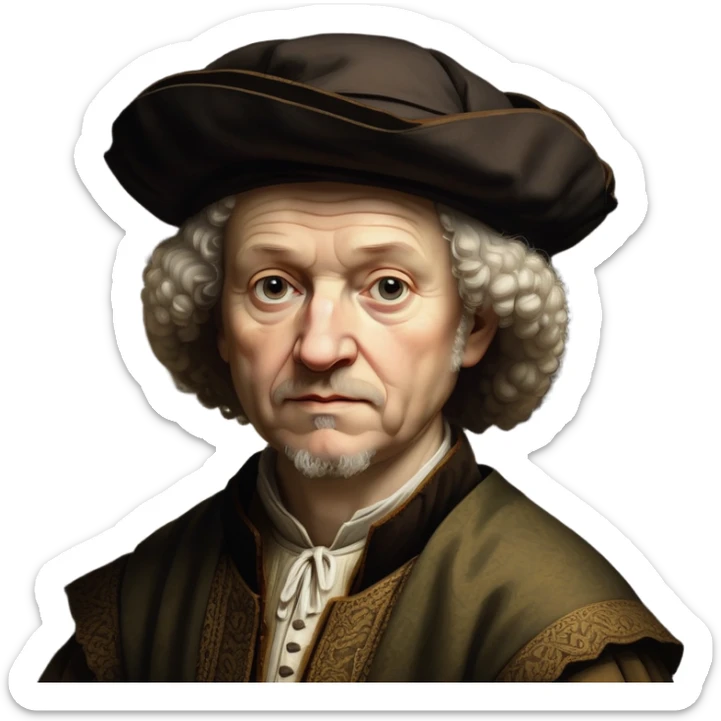 cinematic-realistic-portrait-of-rembrandt,-shown-as-a-master-artist-with-deep,-introspective-eyes-and-richly-detailed-period-clothing,-rendered-with-dramatic-chiaroscuro-lighting-that-emphasizes-his-legacy sticker