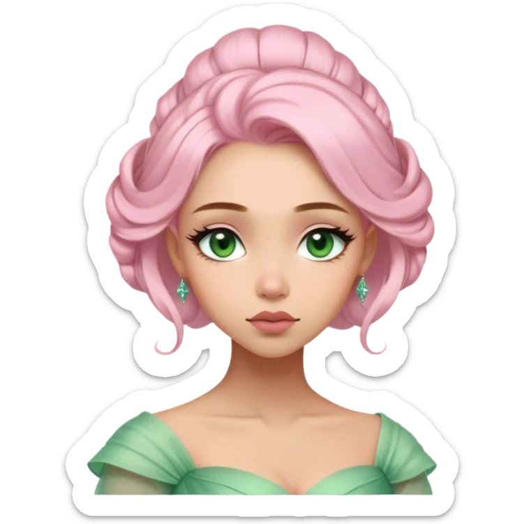 Cinematic Elegant Mulan Portrait Emoji, Dressed in her delicate green matchmaker gown, soft pink makeup, hair pinned perfectly, looking wistful yet radiant, eyes reflecting the depth of her spirit, capturing both her beauty and inner strength! sticker