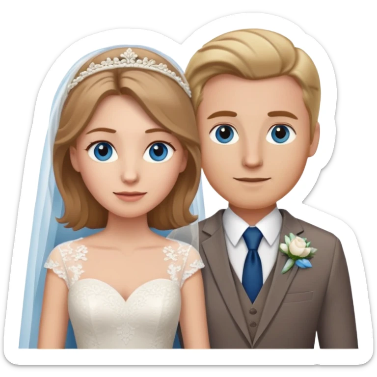 portrait of a bride with light brown hair and grey-blue eyes, and a groom with blonde hair, blue eyes, wearing a brown suit sticker