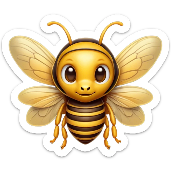 Cinematic Cute Hornet Portrait Emoji, Head tilted playfully and inquisitively, featuring a compact, delicately striped body with adorable, round eyes and subtly detailed wings, Simplified yet irresistibly adorable features, highly detailed, glowing with a warm, inviting glow, high shine, affectionate and lively, stylized with a touch of whimsical insect charm, soft glowing outline, capturing the essence of a mischievous yet endearing hornet that seems as if it could buzz out of the screen into your arms! sticker