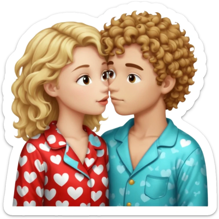 Blonde girl and brown curly haired boy kissing in pajamas sticker