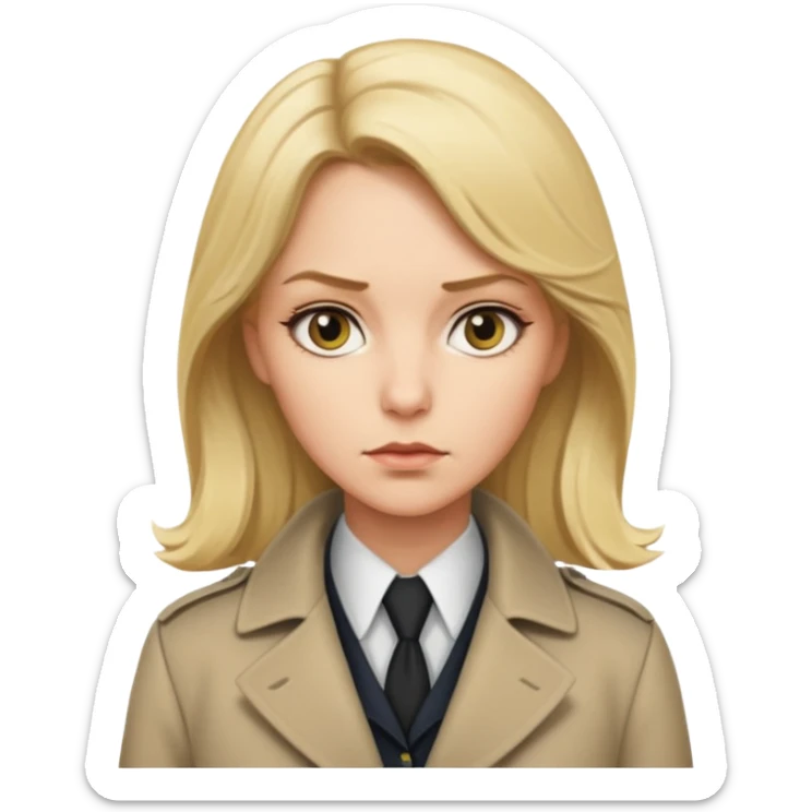 detective woman in long coat, blond hair, white skin sticker