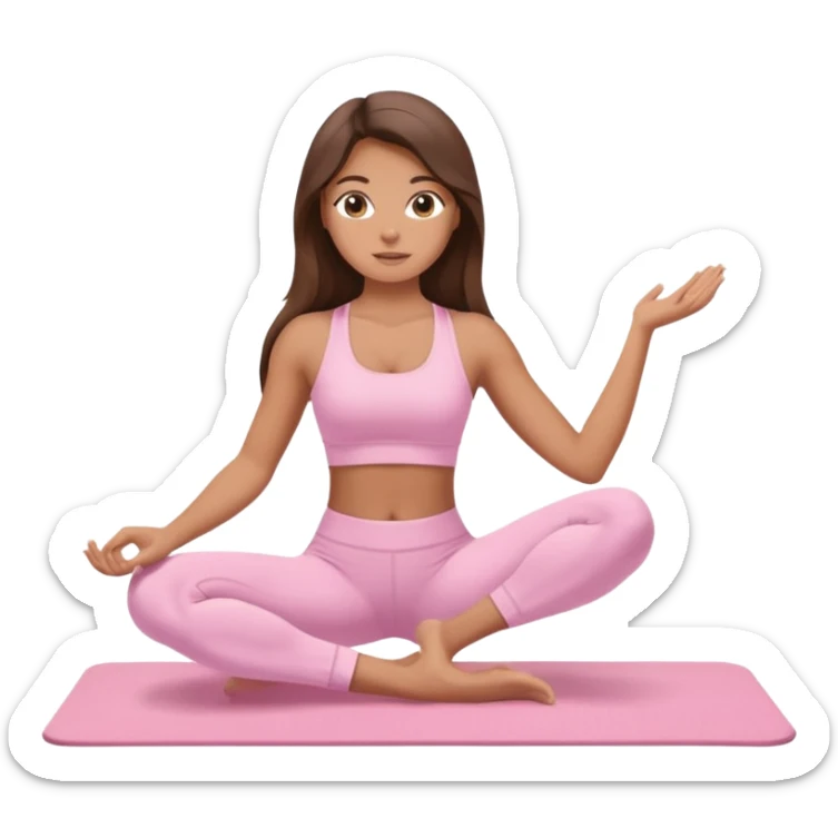 A tanned girl with long brunette hair in her 20’s doing Pilates wearing a ALO baby pink workout set  sticker