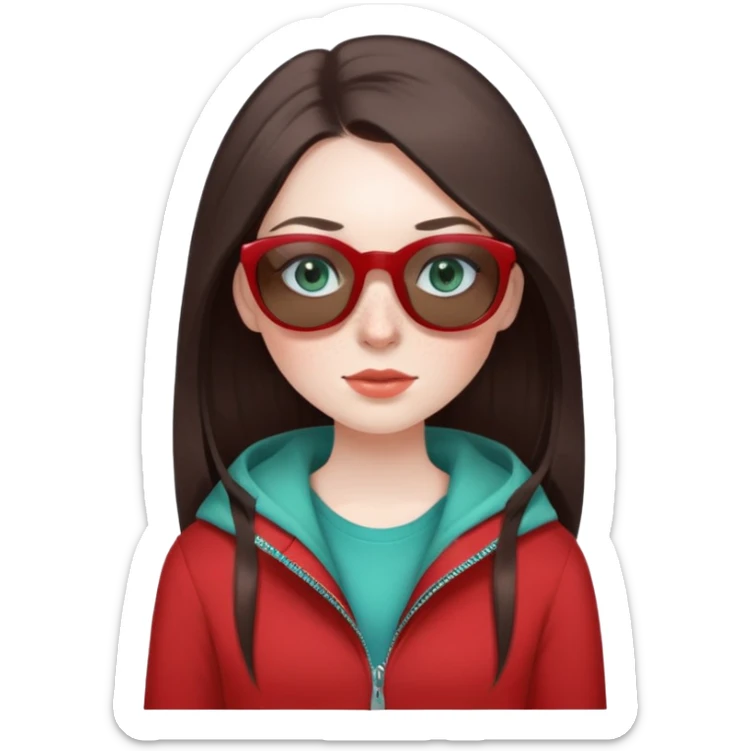 girl with long lashes, dark brown hair with greyish tone, with straight long hair, blue green eyes, in red clothes, with pale skin with freckles, and long lashes, brown clothes and sunglasses  sticker