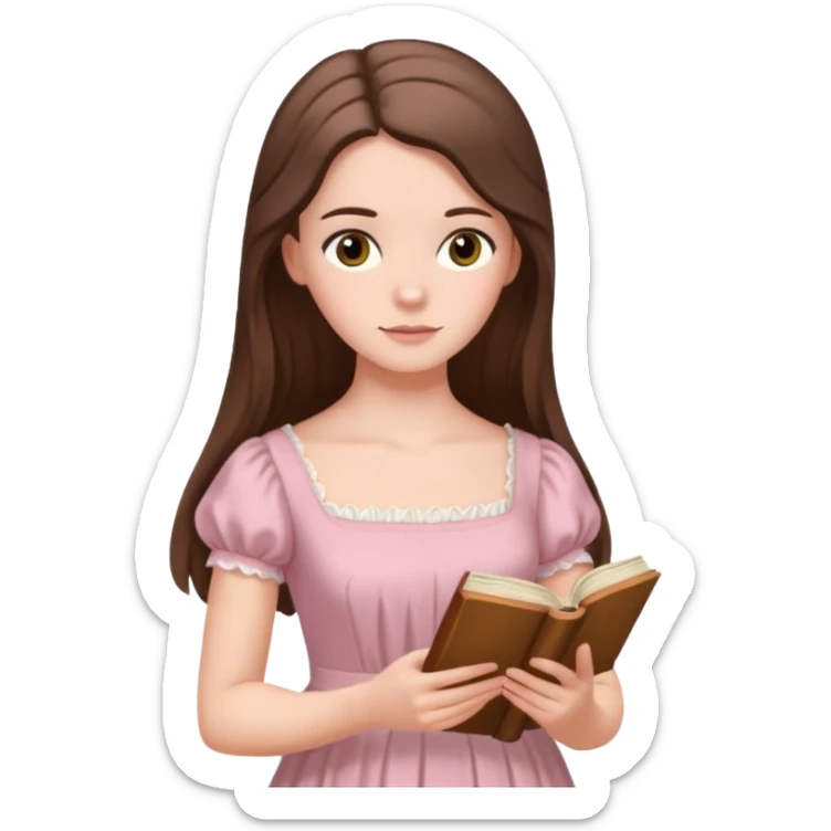  white long brunette hair girl with hazel eyes in light pink reading Pride and Prejudice sticker