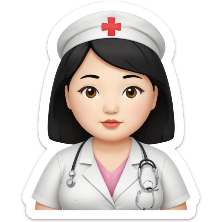 chubby asian woman Nurse round eyebrow medium black hair wear a bra. sticker