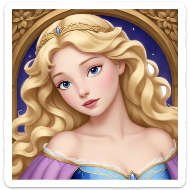 Cinematic Realistic Sleeping Beauty (Aurora) Portrait, with porcelain-like skin featuring a natural rosy flush, illuminated by soft lighting that highlights the gentle contours of her face. Her golden blonde hair flows in soft, detailed waves with subtle highlights that shimmer in the light. Her deep violet-blue eyes radiate warmth and innocence, framed by arched brows and long lashes. With a soft, serene smile, she holds a delicate rose gently in one hand, her other hand resting lightly by her side. She is dressed in her classic pink gown, the fabric rich in texture with delicate folds that catch the light. A golden crown rests atop her head, gleaming with royal refinement. The portrait captures a soft, glowing aura, blending realism with an ethereal sense of beauty and timeless enchantment. sticker
