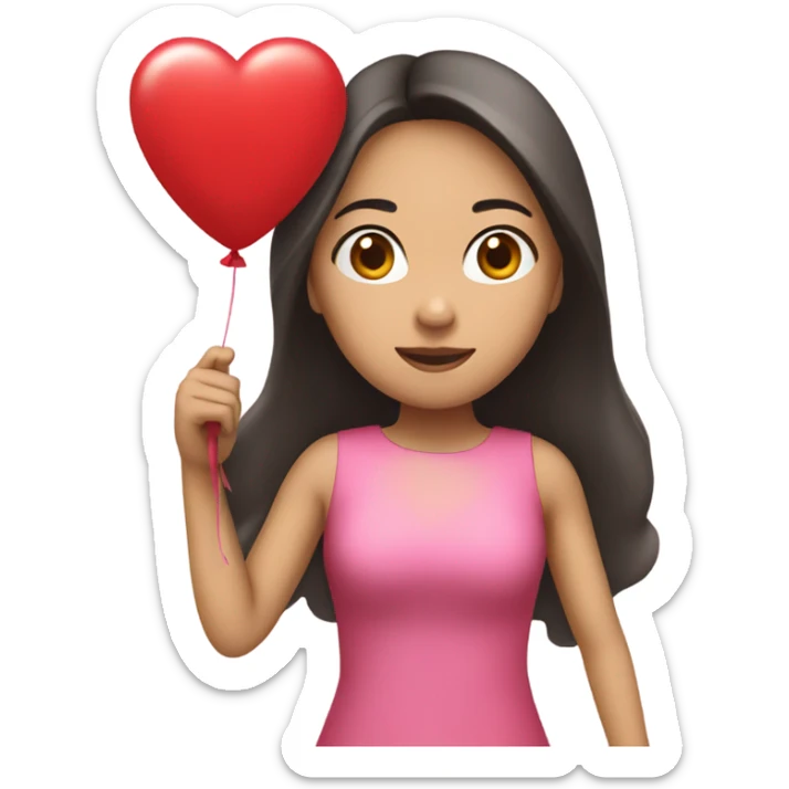 Asian girl with long hair wearing a pink dress holding a red heart ballon sticker