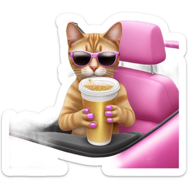 Cat with iced out jewelry and glittery sunglasses sipping on an iced coffee in a pink convertible sticker