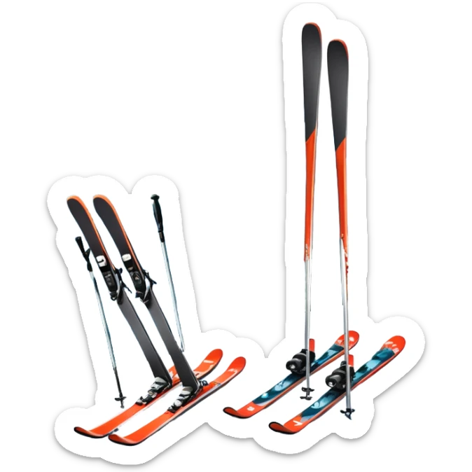 An icon featuring a pair of skis and ski poles in the foreground, set against a picturesque snow-covered slope. The background includes snowy peaks and evergreen trees, symbolizing the excitement and beauty of winter sports. Transparent background highlights the thrill of skiing and snowboarding. sticker