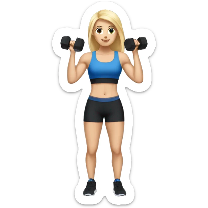 blonde woman working out with a black tank top and a blue shorts and she is holding a dumbell sticker