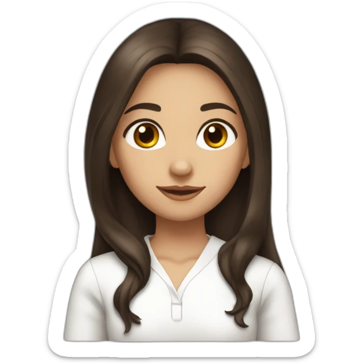 A girl with long dark brown hair, wearing a white shir, with brown eyes and slightly tanned sticker