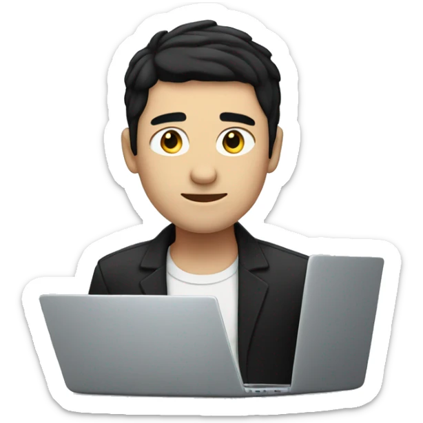 White person with black hair and he is without glass, and he is set over laptop sticker