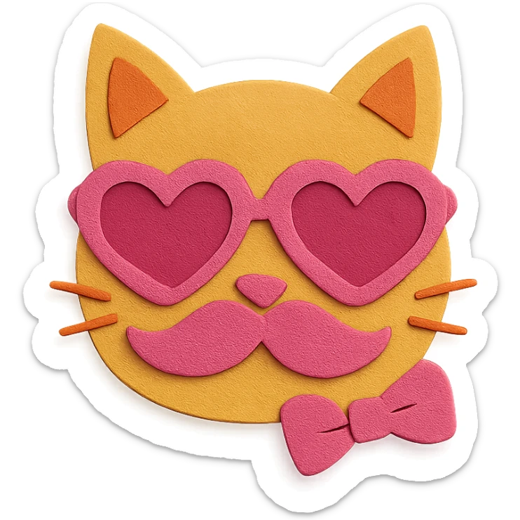cat with pink heart sunglasses, pink moustache, and pink bow in paper craft style sticker