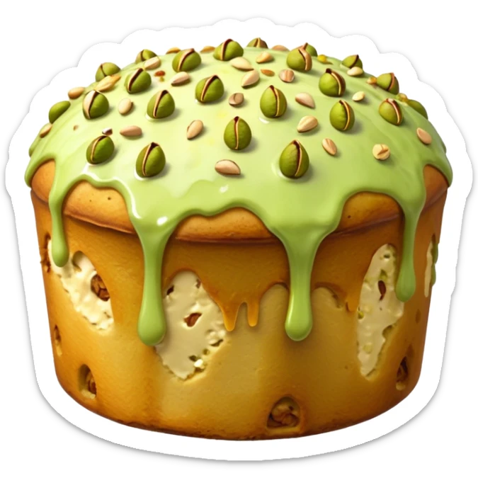 panettone con glassa al pistacchio che scende lungo i bordi e pistacchi come decorazione sticker