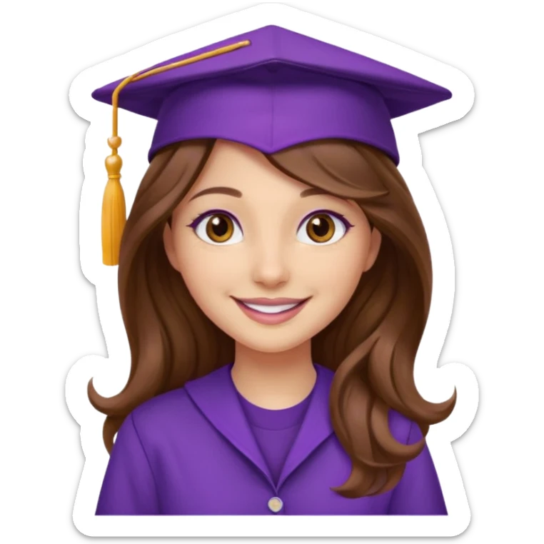 beautiful  woman normal skin with more wavy long brown over shoulder  hair without elastic but wavyand hazel eyes with purple school hat sticker