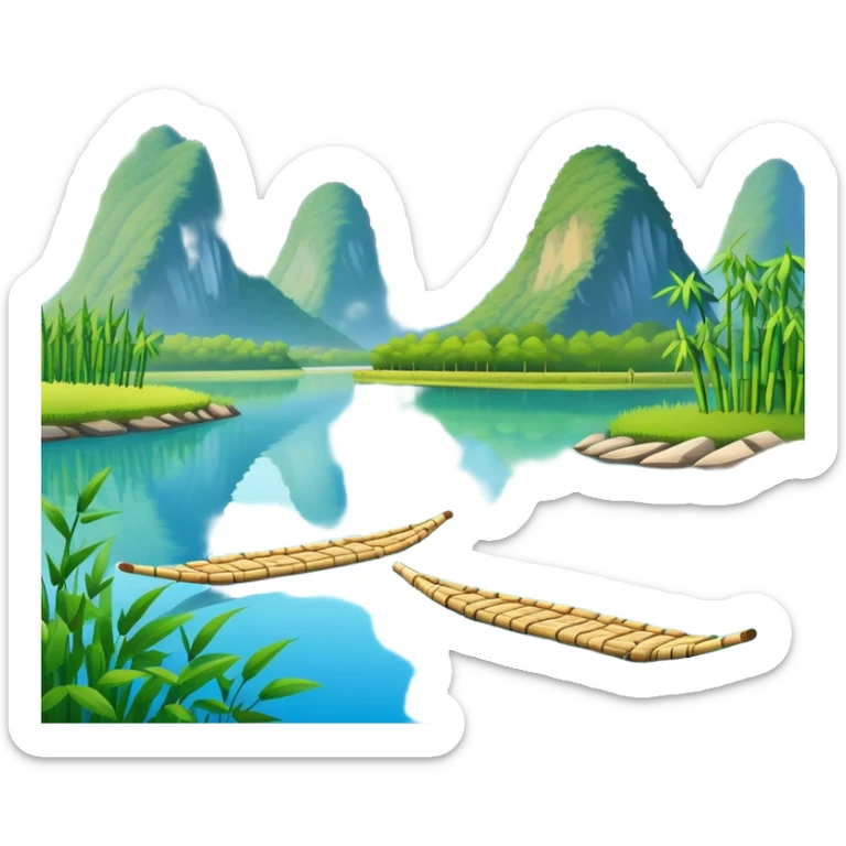 Yangshuo karst peaks with bamboo raft on river Guilin, simplified emoji style with bold outlines and bright colors, cartoon style mountains with clear blue sky sticker