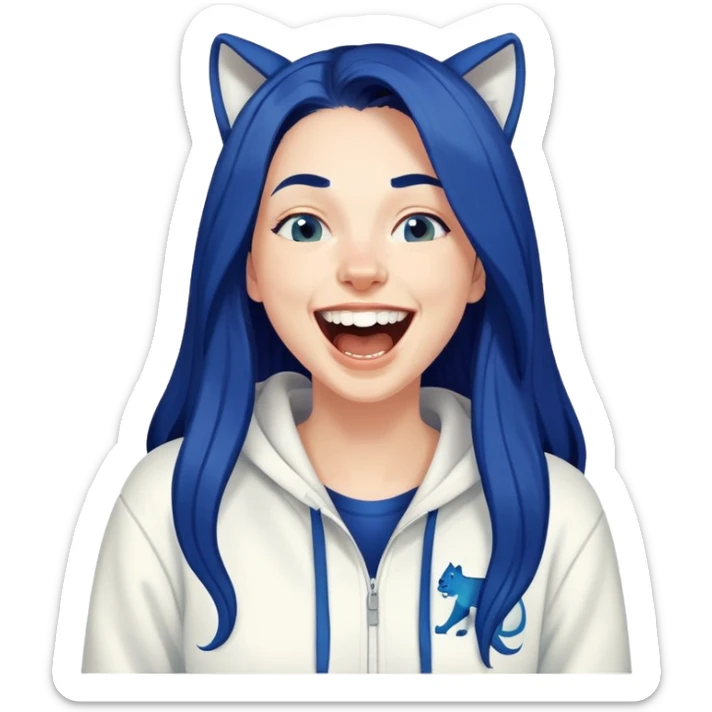 White 30 year old woman with long dark blue hair laughing hysterically wearing a white PUMA hoodie sticker