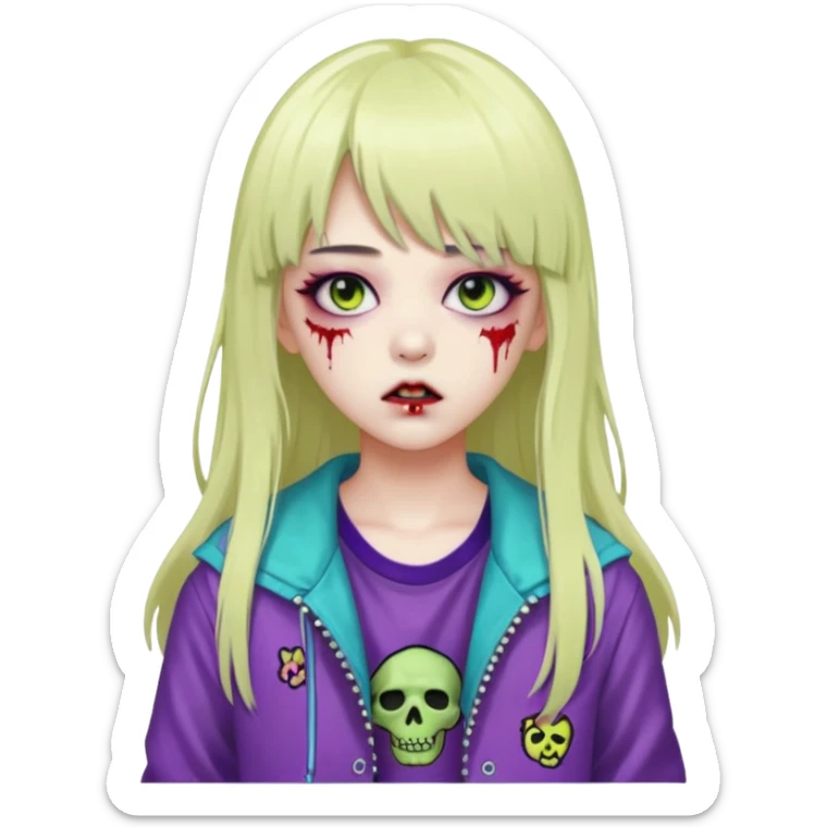  portrait-of-a-zombie-k-pop-idol,-wearing-a-stylish-streetwear-outfit-with-layered-colorful-clothing,-long-hair-with-bangs,-makeup,- sticker