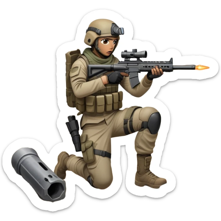 A skilled airsoft player in tactical gear, aiming a gun and shooting metal BBs in a desolate, ruined landscape. The setting is filled with broken walls and debris, creating a tense atmosphere of strategy and precision in a high-stakes tactical environment sticker
