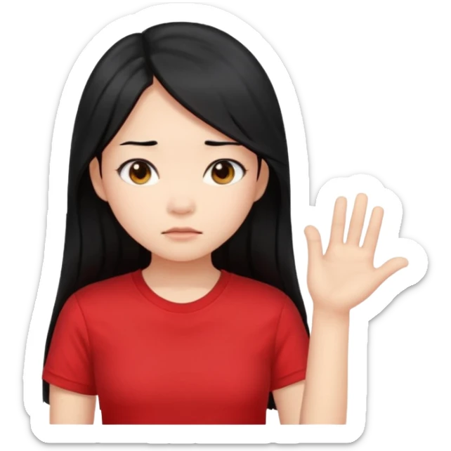 Cute asian girl with long hair and red t shirt who is judjing sticker