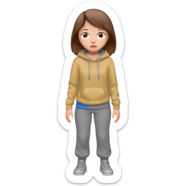 Chica grande  asustada de cuerpo completo mirado a la izquierda con pelo castaño pantalones grises y hoodie gris  sticker