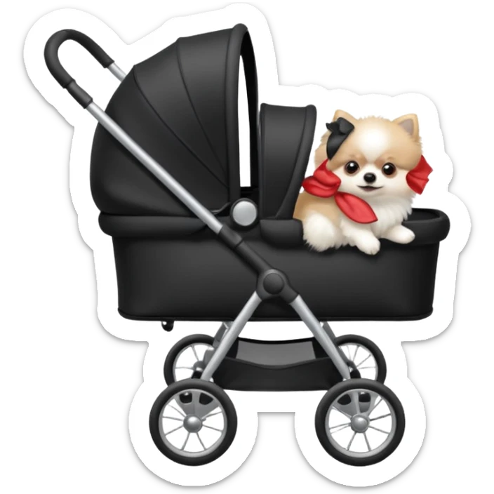 A white Pomeranian dog sits in a black baby stroller. A wheelchair with a folded roof. The image quality is ultra realistic. sticker