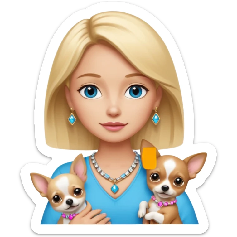 Make an emoji with blonde hair and medium tone, skin with bright blue eyes, gold, and pink jewelry on her wrist and necklace with an a on it, holding a dog that is a Chihuahua with big ears that is black and white and brown ￼￼ sticker