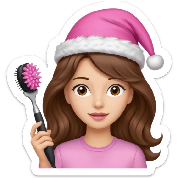 mujer peinandose en la peluqueria y con un gorro de navidad rosado, cabello largo café y ondulado sticker