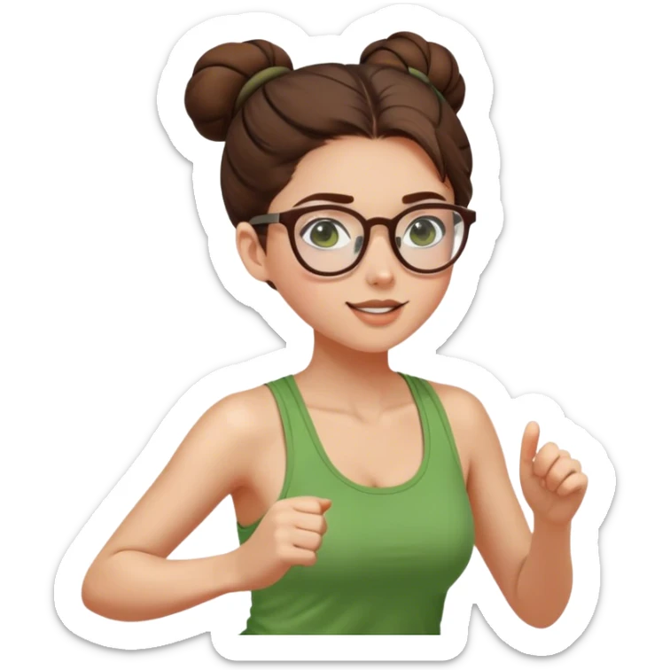 pretty girl white glasses side view brown hair in a bun green tank top running sticker