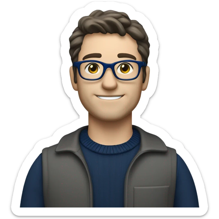 caucasian white man with dark hair, blue glasses, and carrying design plan because he is an architect carrying a pencil and a set model maquette. wearing a navy blue long sleeve sweater shirt. smart.  sticker