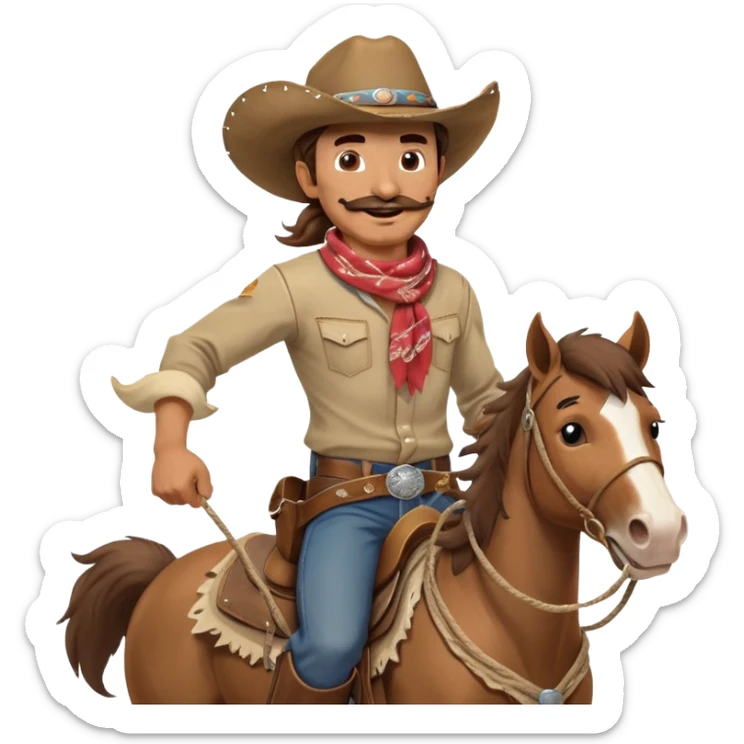 clash-of-clans-aesthetic_-cinematic-playful-cowboy-portrait-emoji, head-tilted with a roguish, cheeky grin and twinkling eyes, featuring a rugged, spirited build with a wide-brimmed cowboy hat and a weathered bandana on tan skin, brown hair and a moustache , riding a powerful galloping horse with dynamic flowing mane, reins gripped firmly in one hand and a lasso in the other, as dust swirls behind them in a vast desert landscape. sticker