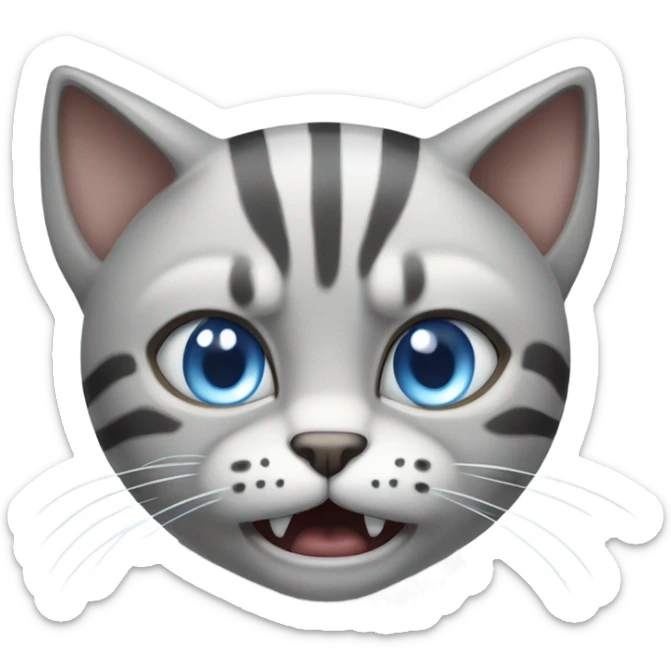 Light gray cat with stripes and black tipped ears and blue eyes with angry face sticker